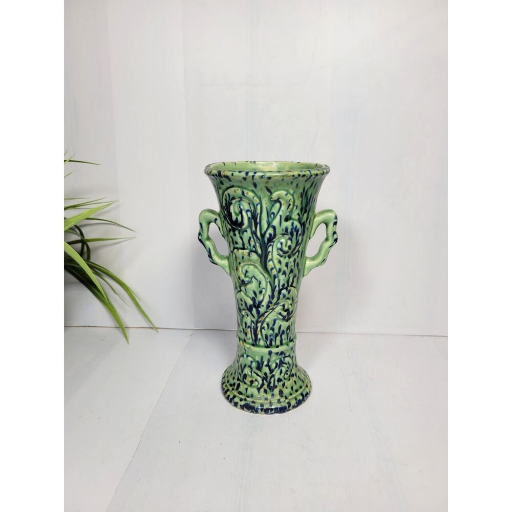 Vintage Pottery Vase MCM Green Cobalt Blue Drip Glaze Double Handled Urn Japan8"